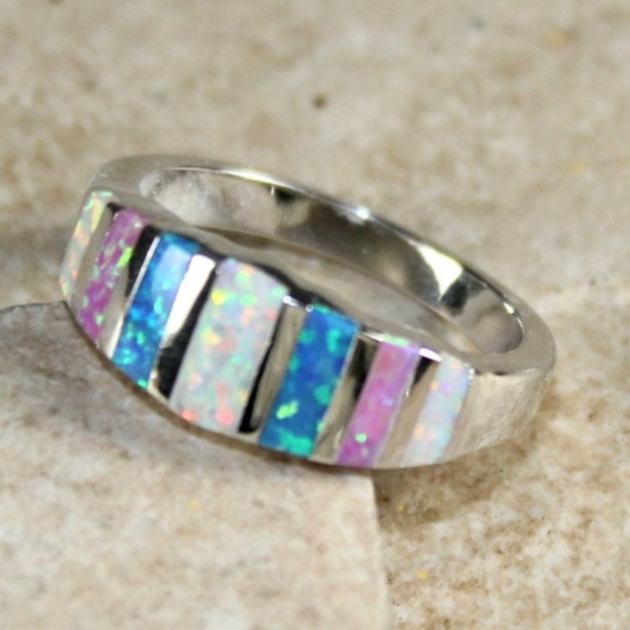 Fire Opal Ring Blue Pink and White - Picture 2 of 3